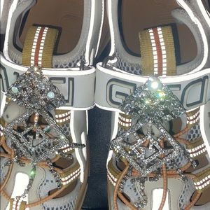 Leather/Mesh sandals in white, off-white & peanut butter bottom.